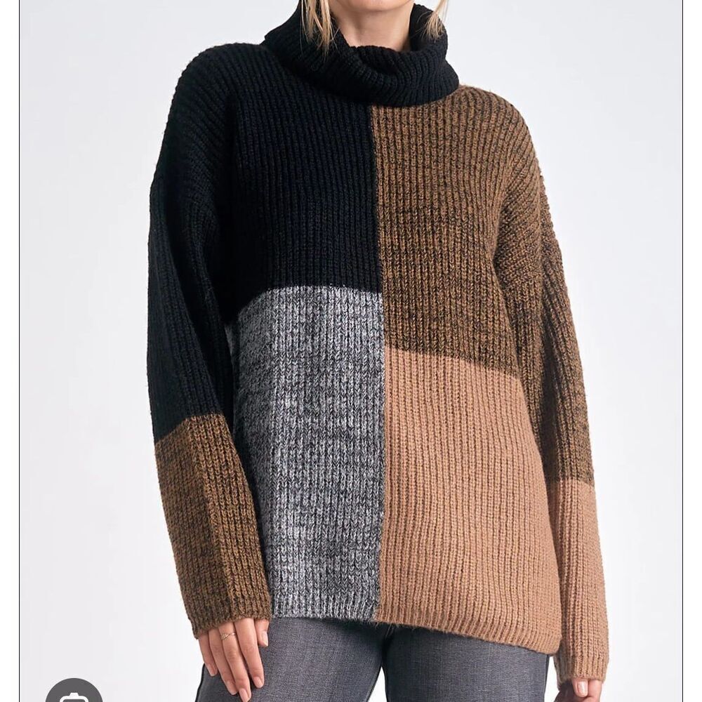 Elan Women's Wool Mohair Blend Turtleneck Pullover Sweater SZ M Artsy Colorblock